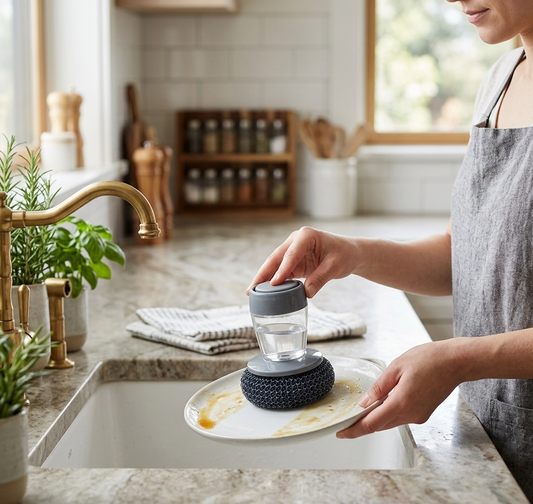 Scrubby™ – Spazzola da Cucina Multifunzionale con Dispenser di Sapone Integrato e Testine in PET Anti-Graffio